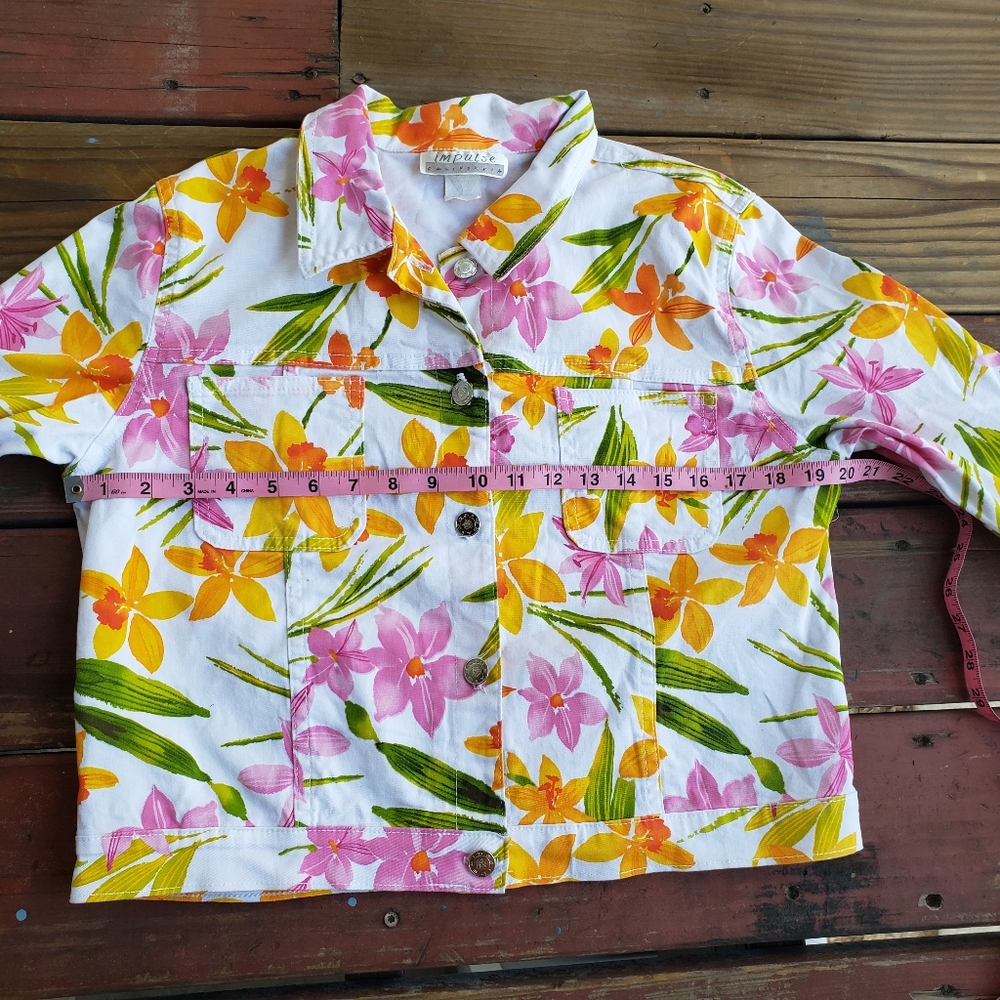 Vintage White Pink Orange Tropical Floral Jean Jacket Half Sleeves - Picture 12 of 14